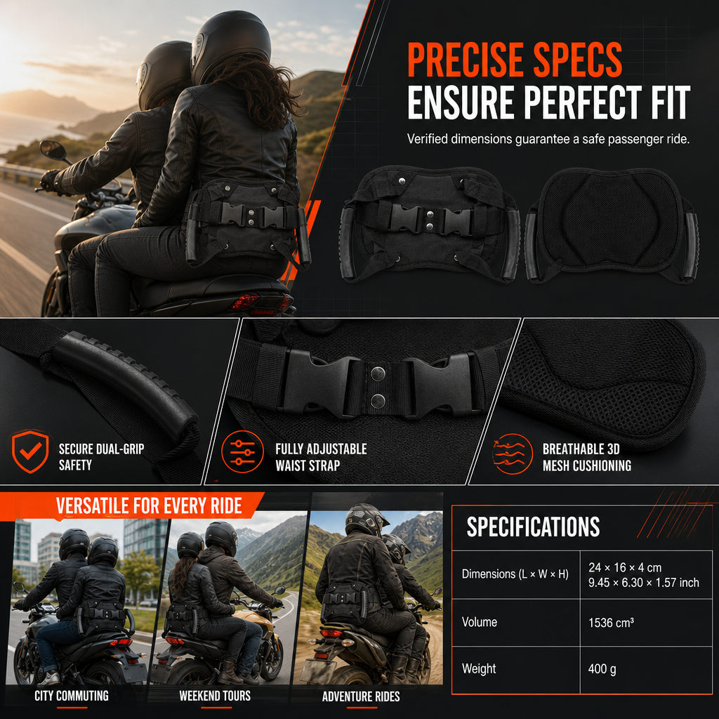 ⏳Oferta ograniczona czasowo⏰ Pas z uchwytem dla pasażera motocykla – antypoślizgowy, regulowany, wytrzymały 🏍️✨