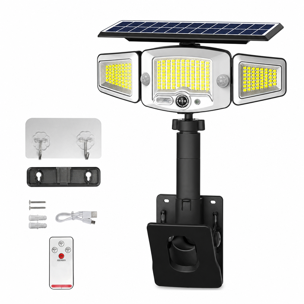 ☀️ Słoneczna lampa z czujnikiem ruchu o 3 głowicach – światło tam, gdzie go potrzebujesz! ✨🔦
