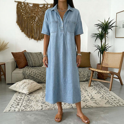 👗 Jeansowa sukienka midi z kieszeniami – 50% ZNIŻKI! OFERTA LIMITOWANA! Miękki denim, luźny krój i praktyczne kieszenie – idealna na co dzień, na spacer i spotkania. Wygodna, wszechstronna i stylowa – sprawdzi się w każdej sytuacji! ✨🌸👖