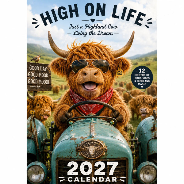 Zabawny kalendarz ścienny na rok 2027 z szkocką krową (Highland Cow) | Wiszący kalendarz formatu A4 | Projekt: Isabel Kline