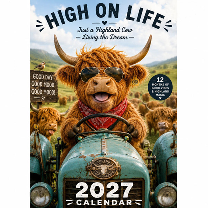 Zabawny kalendarz ścienny na rok 2027 z szkocką krową (Highland Cow) | Wiszący kalendarz formatu A4 | Projekt: Isabel Kline