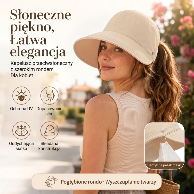 🔥🔥 OSTATNIA OKAZJA! –50%! 🌞✨ Składany kapelusz damski UPF 50+ – szerokie rondo, bawełna, klapa na szyję, regulowany pasek. Lekki, oddychający, na plażę i na co dzień. Łatwy do spakowania – stylowa ochrona przed słońcem w świetnej cenie! 🎁
