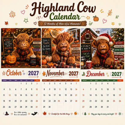 Zabawny kalendarz ścienny na rok 2027 z szkocką krową (Highland Cow) | Wiszący kalendarz formatu A4 | Projekt: Isabel Kline