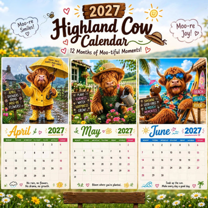 Zabawny kalendarz ścienny na rok 2027 z szkocką krową (Highland Cow) | Wiszący kalendarz formatu A4 | Projekt: Isabel Kline