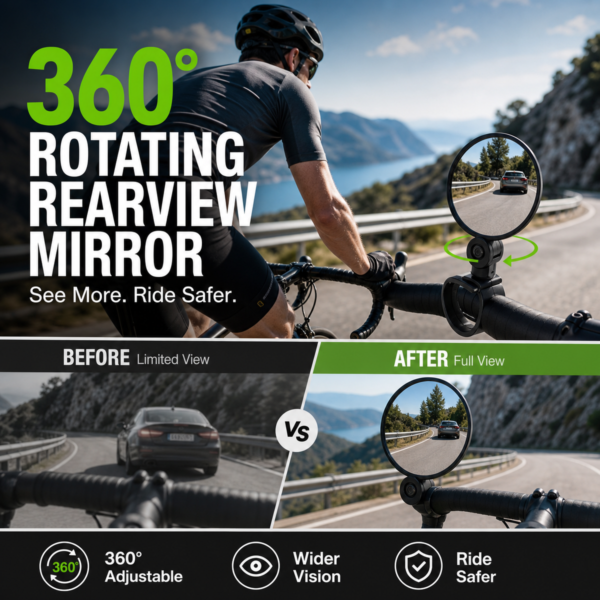 🥳Hit sprzedaży 2026🥳💞Ponad 50 tys. sprzedanych sztuk!🚲🔍 50% taniej! Obrotowe lusterko wsteczne 360° – doskonała widoczność bez odwracania głowy. Pasuje do rowerów, e-rowerów i motocykli. Montaż na silikonowy pasek – bez użycia narzędzi! 🛡️✨
