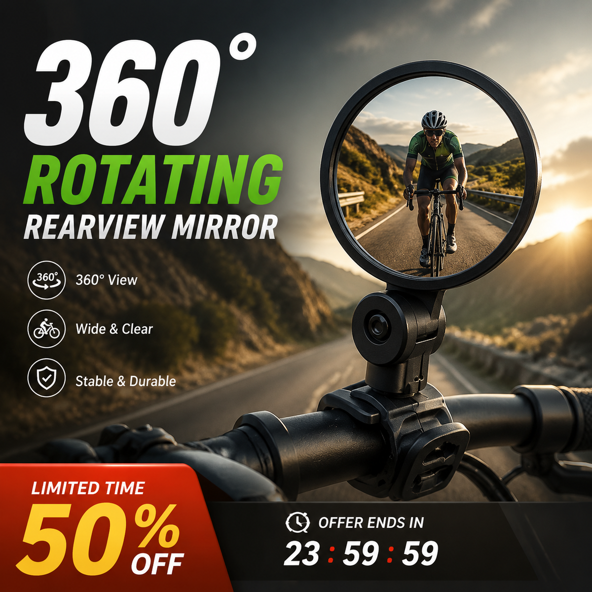🥳Hit sprzedaży 2026🥳💞Ponad 50 tys. sprzedanych sztuk!🚲🔍 50% taniej! Obrotowe lusterko wsteczne 360° – doskonała widoczność bez odwracania głowy. Pasuje do rowerów, e-rowerów i motocykli. Montaż na silikonowy pasek – bez użycia narzędzi! 🛡️✨