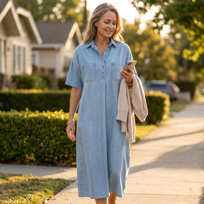 👗 Jeansowa sukienka midi z kieszeniami – 50% ZNIŻKI! OFERTA LIMITOWANA! Miękki denim, luźny krój i praktyczne kieszenie – idealna na co dzień, na spacer i spotkania. Wygodna, wszechstronna i stylowa – sprawdzi się w każdej sytuacji! ✨🌸👖