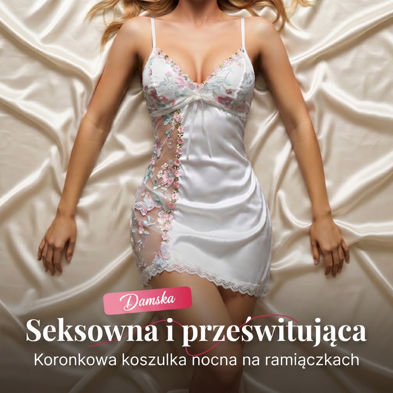 😍KOSZULKA NOCNA Z SATYNY Z KORONKĄ W KWIATY I ODKRYTYMI PLECAMI🤩