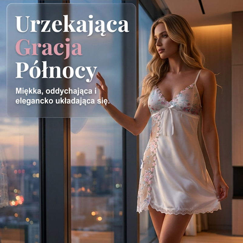 😍KOSZULKA NOCNA Z SATYNY Z KORONKĄ W KWIATY I ODKRYTYMI PLECAMI🤩