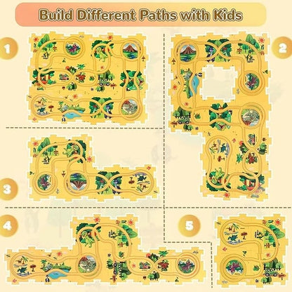 🚗Zestaw Puzzle Toru Dinozaurów z Autkiem – Interaktywna Zabawa Dla Dzieci!