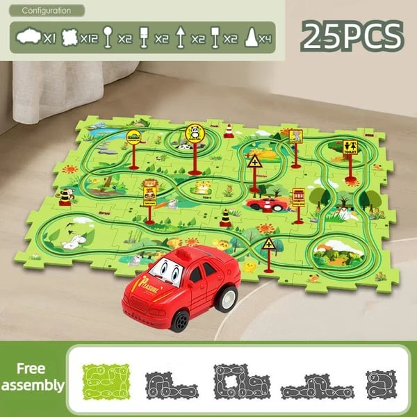 🚗Zestaw Puzzle Toru Dinozaurów z Autkiem – Interaktywna Zabawa Dla Dzieci!