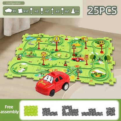 🚗Zestaw Puzzle Toru Dinozaurów z Autkiem – Interaktywna Zabawa Dla Dzieci!