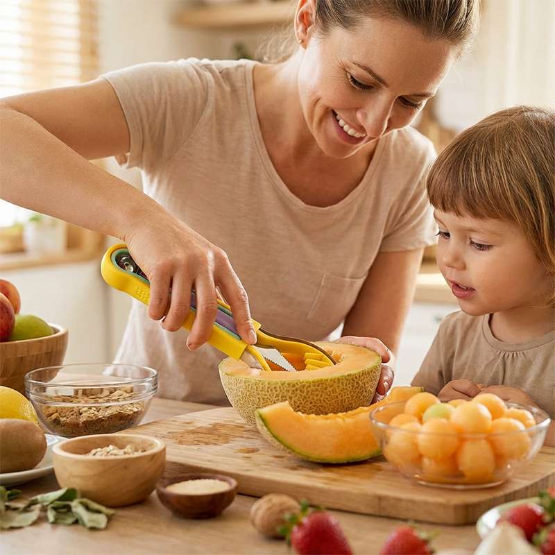🍉 Zestaw do owoców 3 w 1 — kulka, nóż do rzeźbienia i krajalnica w jednym! ✨