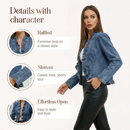 🌸 Damska kurtka dżinsowa z falbanami i rozcięciem z przodu – Lekka i kobieca – Uniwersalna i szykowna 👗