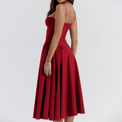 🌹 TERAZ 50% ZNIŻKI! 👗 Sukienka midi z plisowanym gorsetem i ramiączkami typu spaghetti – ponadczasowa elegancja i praktyczne kieszenie ✨