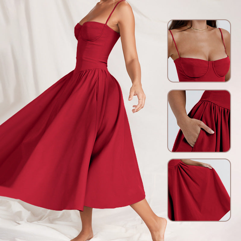 🌹 TERAZ 50% ZNIŻKI! 👗 Sukienka midi z plisowanym gorsetem i ramiączkami typu spaghetti – ponadczasowa elegancja i praktyczne kieszenie ✨