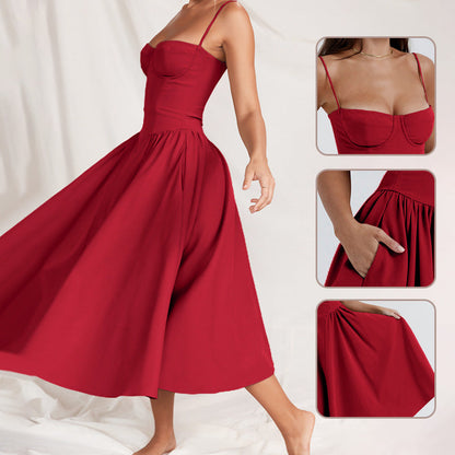 🌹 TERAZ 50% ZNIŻKI! 👗 Sukienka midi z plisowanym gorsetem i ramiączkami typu spaghetti – ponadczasowa elegancja i praktyczne kieszenie ✨