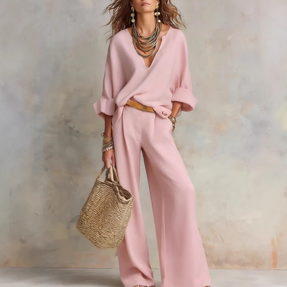 🌸 OGRANICZONA OFERTA – 50% ZNIŻKI! 👚 Zestaw damski: bluzka z dekoltem w serek i spodnie z szerokimi nogawkami – elegancki, dopasowany i przewiewny 👖