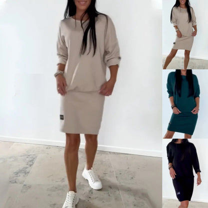 👗 Damska sweterkowa sukienka z okrągłym dekoltem – przytulny polar, luźny krój, idealna na co dzień 🌸✨