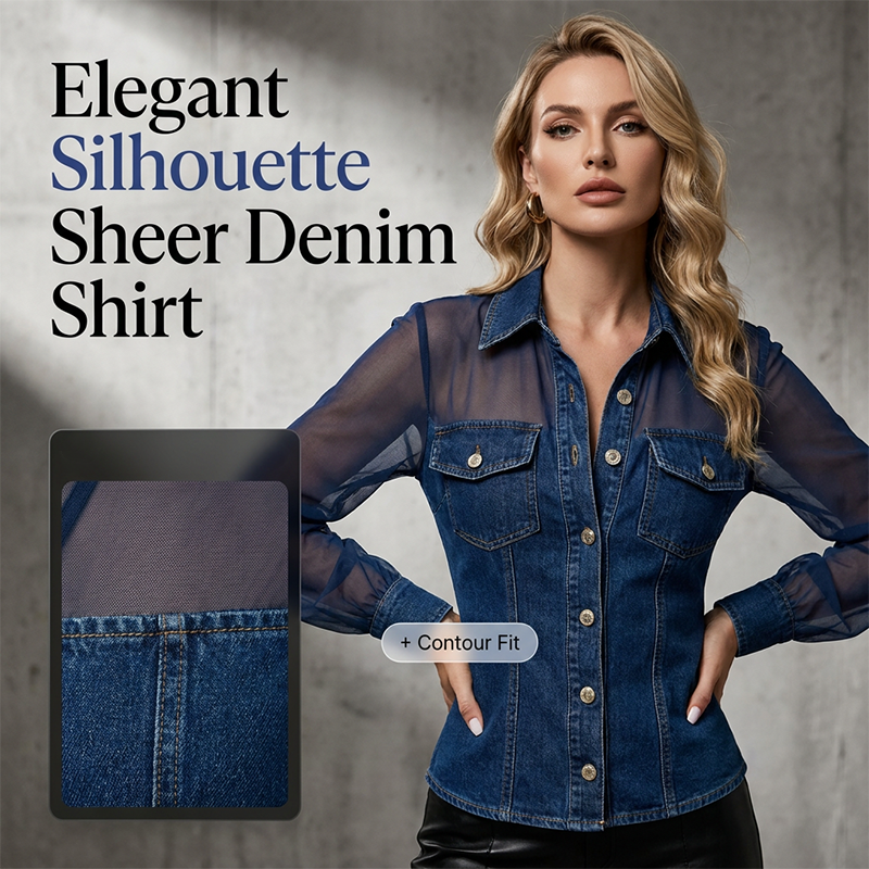 👕Damski top jeansowy z wstawkami z siateczki – elegancki, taliowany i szykowny model✨