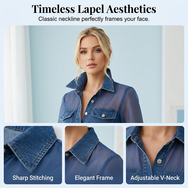 👕Damski top jeansowy z wstawkami z siateczki – elegancki, taliowany i szykowny model✨