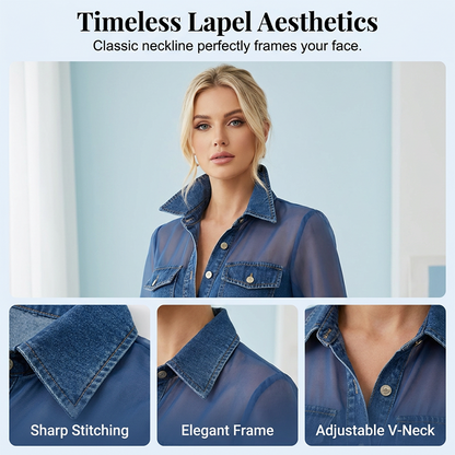 👕Damski top jeansowy z wstawkami z siateczki – elegancki, taliowany i szykowny model✨