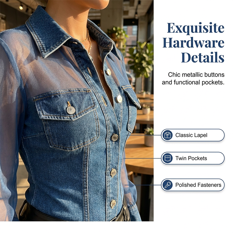 👕Damski top jeansowy z wstawkami z siateczki – elegancki, taliowany i szykowny model✨
