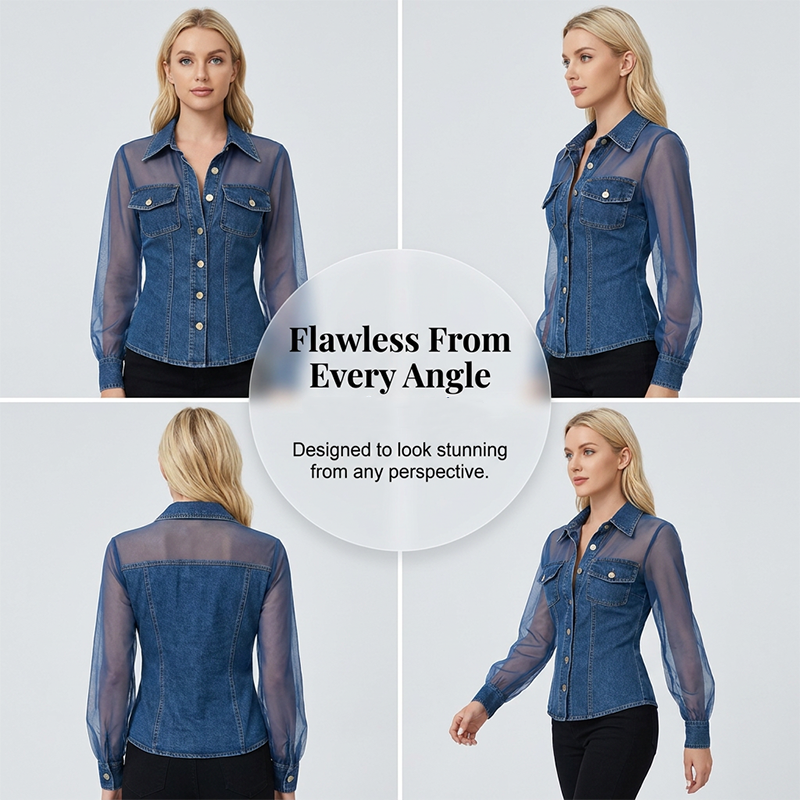 👕Damski top jeansowy z wstawkami z siateczki – elegancki, taliowany i szykowny model✨