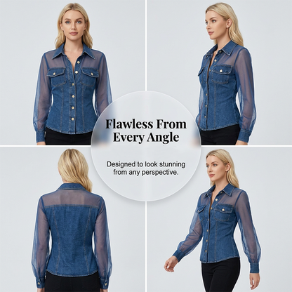 👕Damski top jeansowy z wstawkami z siateczki – elegancki, taliowany i szykowny model✨