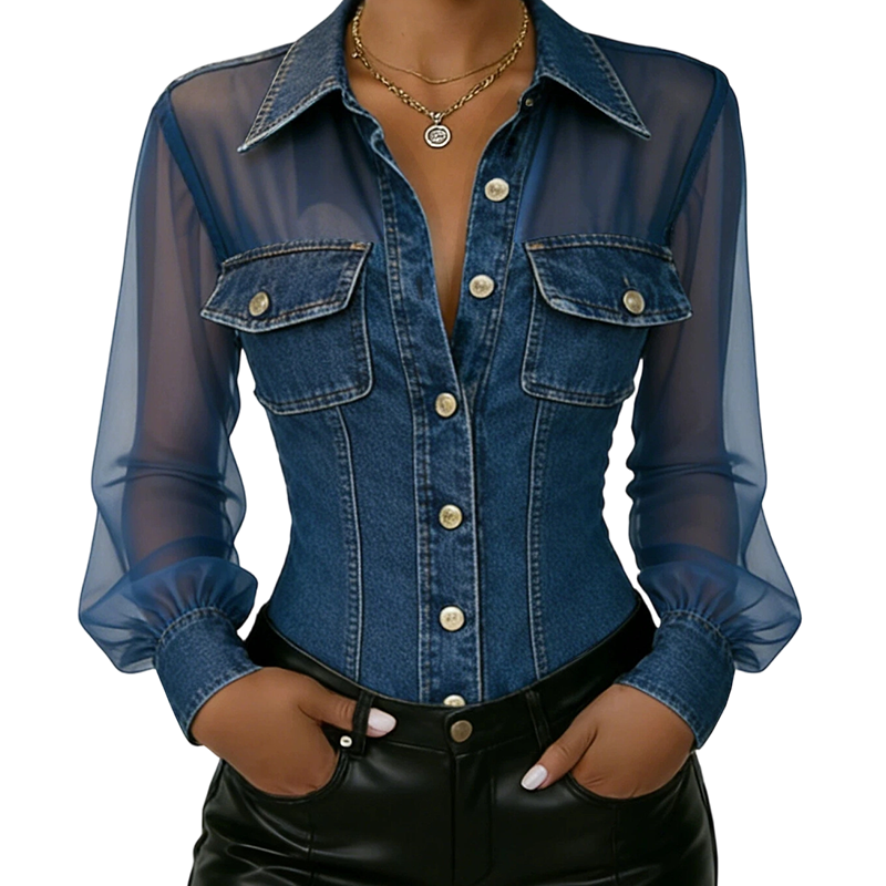 👕Damski top jeansowy z wstawkami z siateczki – elegancki, taliowany i szykowny model✨