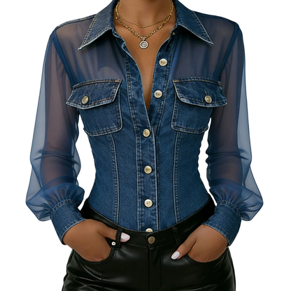 👕Damski top jeansowy z wstawkami z siateczki – elegancki, taliowany i szykowny model✨