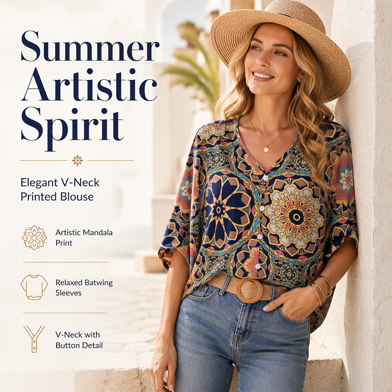 🔥Wyprzedaż na ostatni dzień – 60% taniej!!💝Damska bluzka w stylu boho z dekoltem w serek i wzorem – luźna koszula na lato