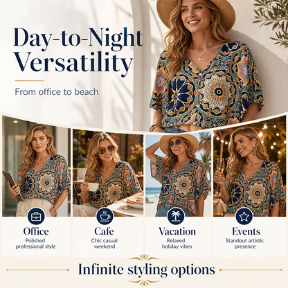 🔥Wyprzedaż na ostatni dzień – 60% taniej!!💝Damska bluzka w stylu boho z dekoltem w serek i wzorem – luźna koszula na lato