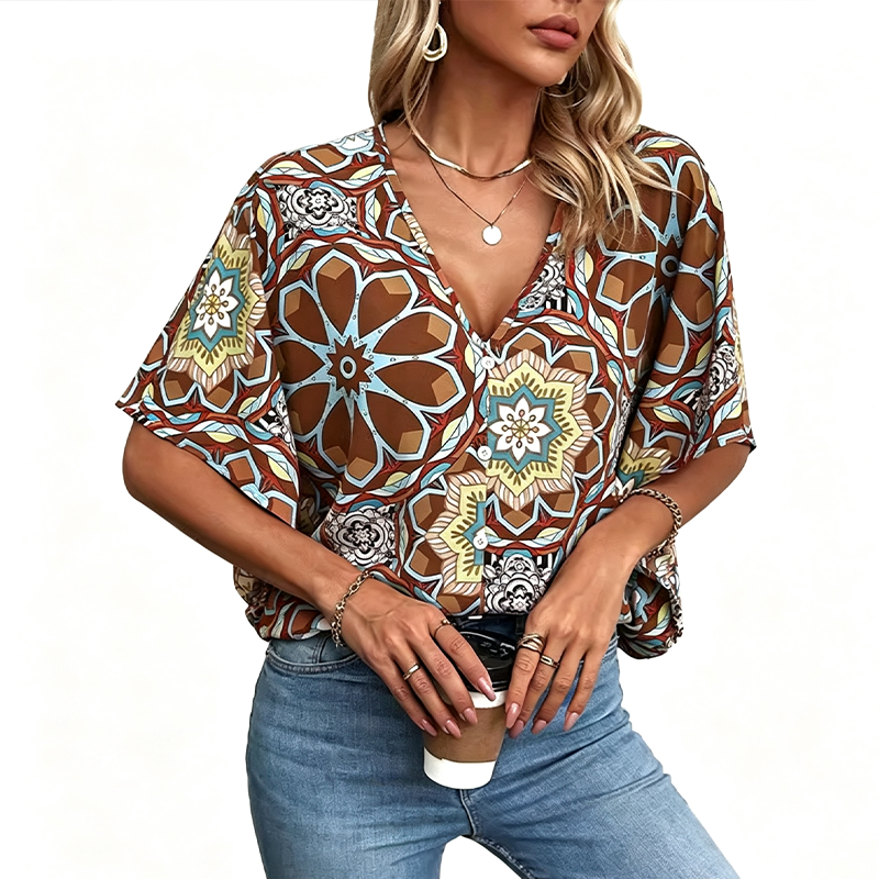 🔥Wyprzedaż na ostatni dzień – 60% taniej!!💝Damska bluzka w stylu boho z dekoltem w serek i wzorem – luźna koszula na lato