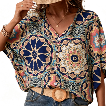 🔥Wyprzedaż na ostatni dzień – 60% taniej!!💝Damska bluzka w stylu boho z dekoltem w serek i wzorem – luźna koszula na lato