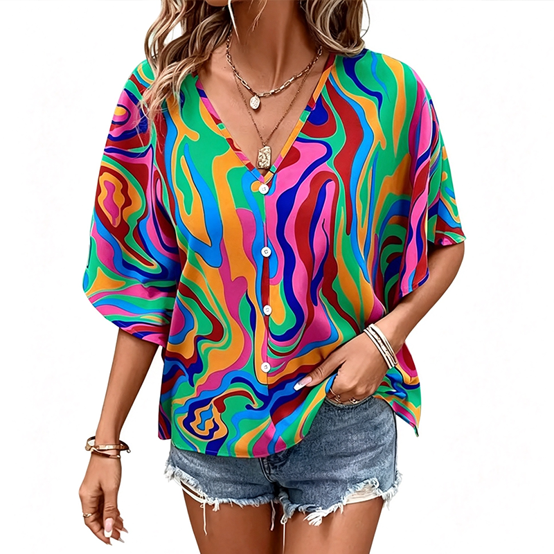 🔥Wyprzedaż na ostatni dzień – 60% taniej!!💝Damska bluzka w stylu boho z dekoltem w serek i wzorem – luźna koszula na lato