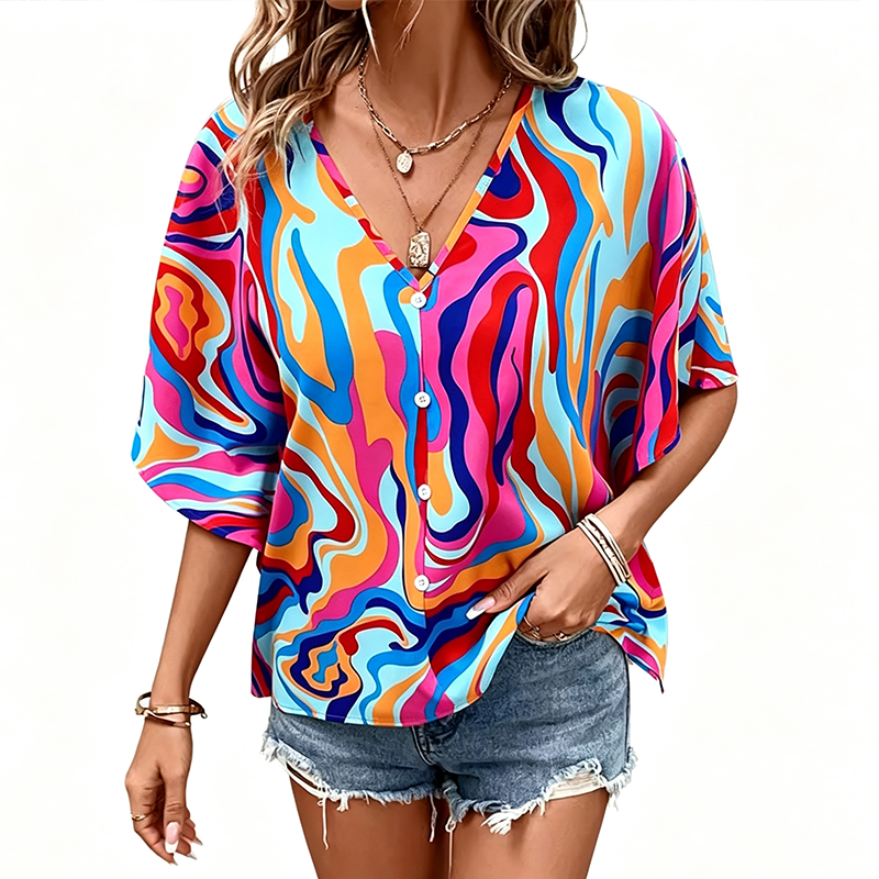 🔥Wyprzedaż na ostatni dzień – 60% taniej!!💝Damska bluzka w stylu boho z dekoltem w serek i wzorem – luźna koszula na lato