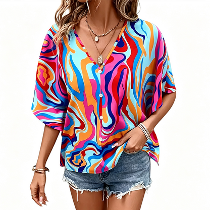 🔥Wyprzedaż na ostatni dzień – 60% taniej!!💝Damska bluzka w stylu boho z dekoltem w serek i wzorem – luźna koszula na lato