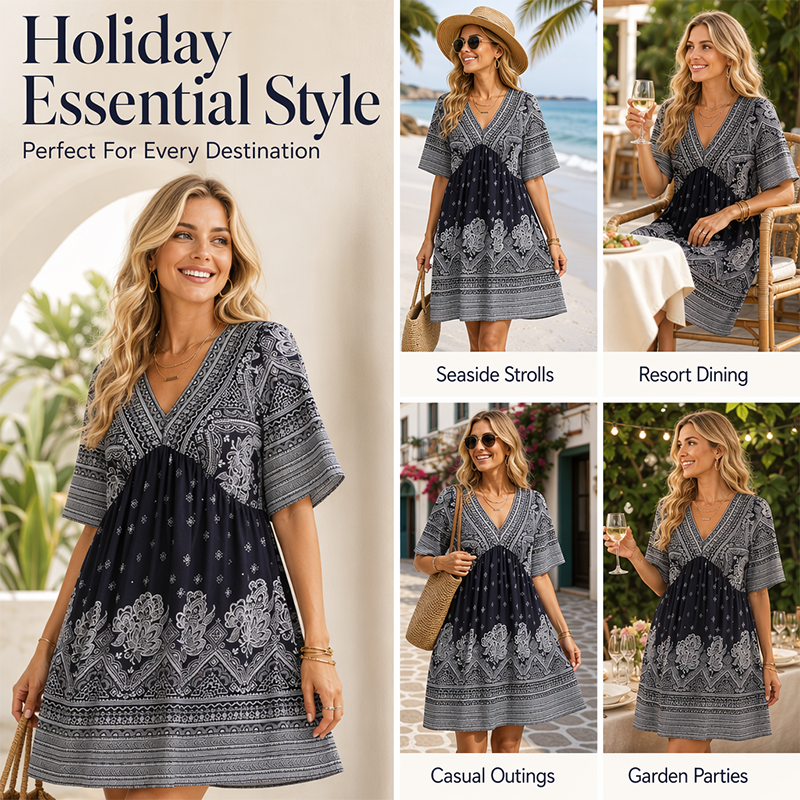🌿☀️ TYLKO TERAZ –50%! 🌸 Damska sukienka boho w kwiaty z dekoltem w serek – wyraziste kwiatowe wzory i zwiewne rękawy