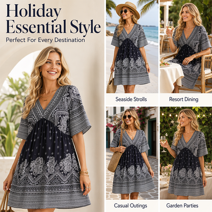 🌿☀️ TYLKO TERAZ –50%! 🌸 Damska sukienka boho w kwiaty z dekoltem w serek – wyraziste kwiatowe wzory i zwiewne rękawy