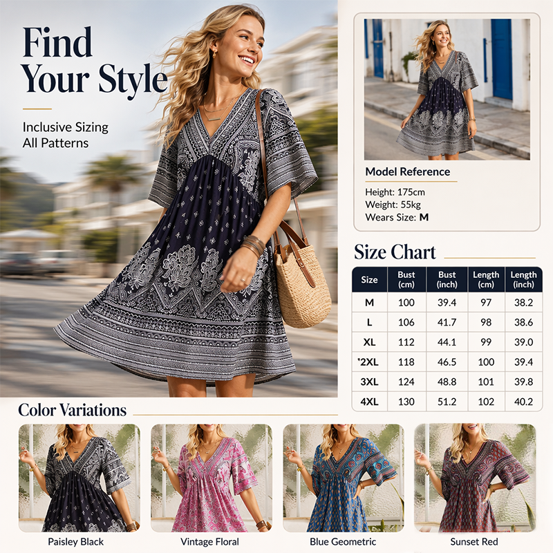 🌿☀️ TYLKO TERAZ –50%! 🌸 Damska sukienka boho w kwiaty z dekoltem w serek – wyraziste kwiatowe wzory i zwiewne rękawy