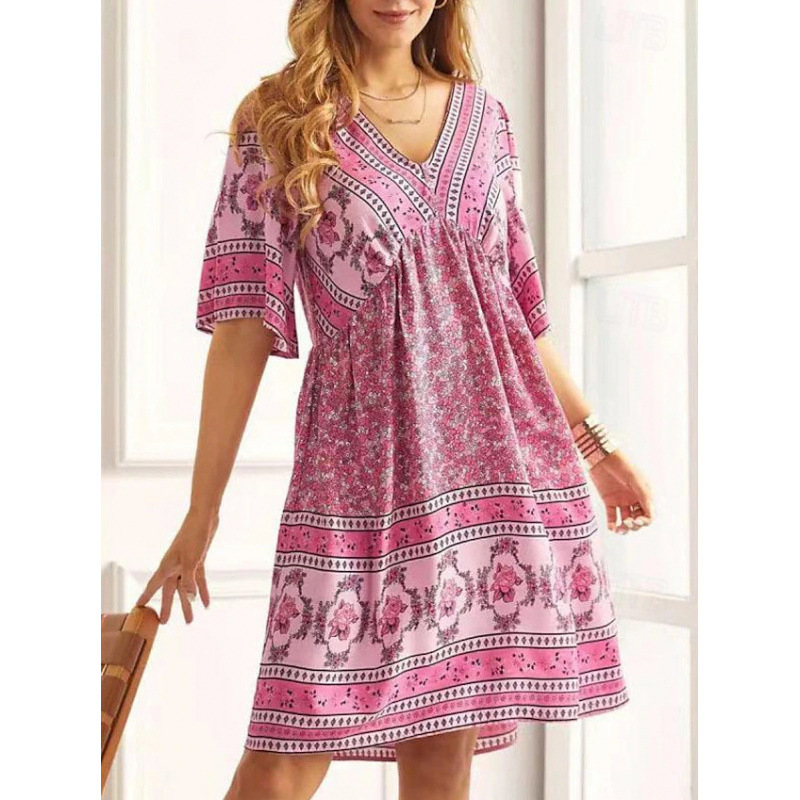 🌿☀️ TYLKO TERAZ –50%! 🌸 Damska sukienka boho w kwiaty z dekoltem w serek – wyraziste kwiatowe wzory i zwiewne rękawy