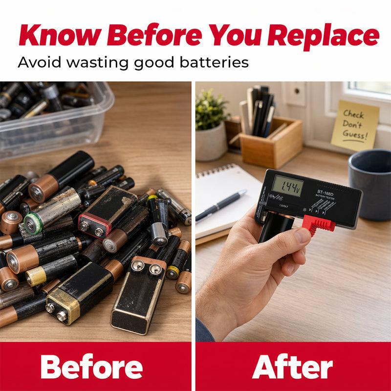 🔋 OGRANICZONA CZASOWO PROMOCJA –50%! Uniwersalny cyfrowy tester baterii – przenośne urządzenie z wyświetlaczem LCD do baterii AA, AAA, 9V oraz guzikowych.