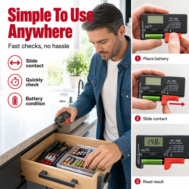 🔋 OGRANICZONA CZASOWO PROMOCJA –50%! Uniwersalny cyfrowy tester baterii – przenośne urządzenie z wyświetlaczem LCD do baterii AA, AAA, 9V oraz guzikowych.