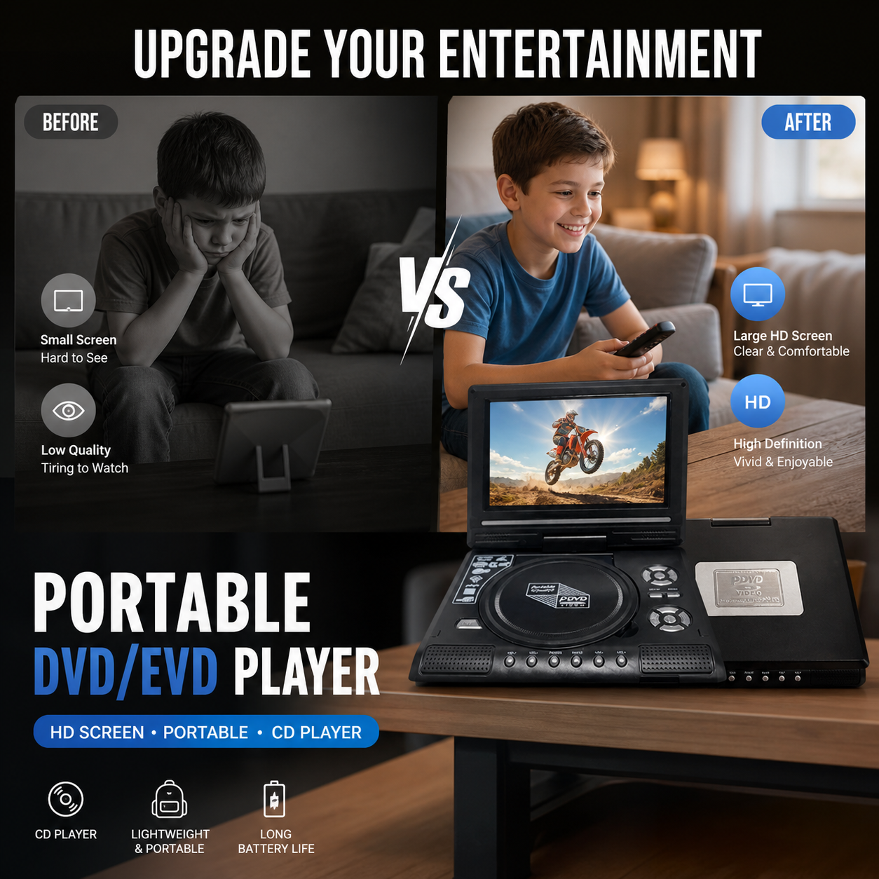 📺 7,8-calowy przenośny odtwarzacz DVD/EVD HD –50% zniżki 🔥 Duży ekran, akumulator i kompatybilność z DVD/CD/USB/SD – Idealny do domu i w podróży