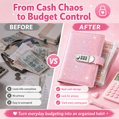✨ Segregator SparkleLock do organizowania oszczędności gotówkowych z zamkiem szyfrowym (3 cyfry) – organizer budżetowy ze 100 stronami na wyzwania oszczędnościowe, cele finansowe i dodatkowe materiały 💖