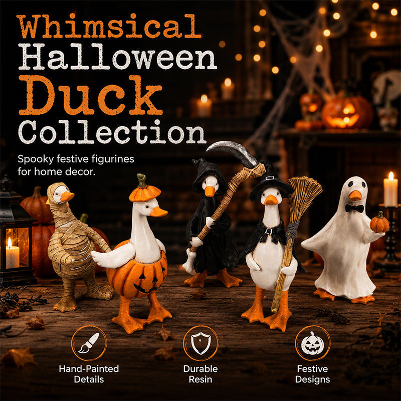 🎃🦇Zestaw upiornych kaczek – ręcznie malowane, 5 figurek, odporne na warunki atmosferyczne