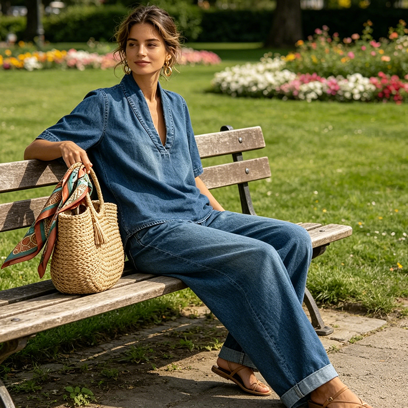 ✨👗 Damski letni komplet jeansowy – top z dekoltem w serek i spodnie z szerokimi nogawkami
