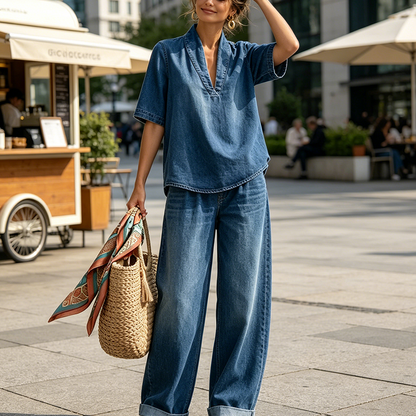 ✨👗 Damski letni komplet jeansowy – top z dekoltem w serek i spodnie z szerokimi nogawkami