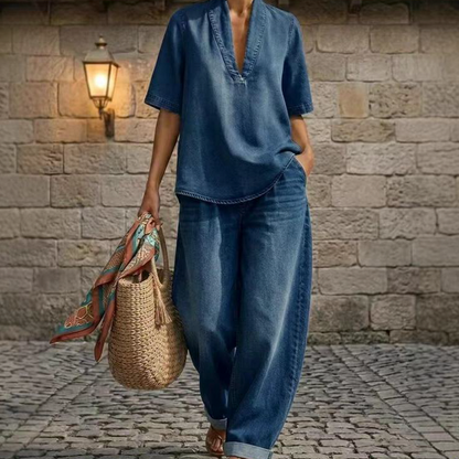 ✨👗 Damski letni komplet jeansowy – top z dekoltem w serek i spodnie z szerokimi nogawkami